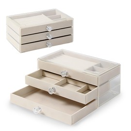 3 Drawers Clear Acrylic Jewellery Storage Organiser Box, Adjustable Velvet Jewellery Earring Rings Necklaces Bracelet Display Holder Case for Women Ladies Girls Gift, Beige