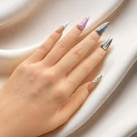 Handmade Press on Nails Soft Glam & Diamond Shine Reusable Coffin Shape – Nude & Black Nails with Silver Swirls & Diamond Gems, Luxurious Press-On Nails for Special Occasions