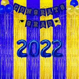 Blue Gold Party Decorations Foil Fringe Curtain, Graduation Party Decorations 2022 Metallic Tinsel Curtains Photo Backdrop for Birthday Baby Shower Wedding Christmas New Year Party Decorations(3 Pack)