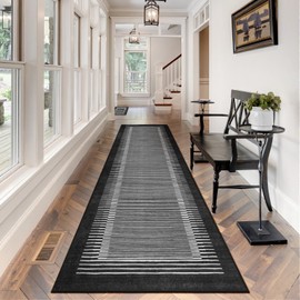 Wonnitar Washable Striped Runner Rug 2'6"x8' Hallway Runner, Non-Slip Black Kitchen Runner Rug, Low Pile Minimalist Soft Floor Carpet Runner for Bedroom Hallway Bathroom (Black,2'6" x 8')