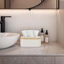 Vireon Bamboo Tissue Box Dispenser with Oxford Fabric Tissue Box Tissue Box Tissue Boxes Cosmetic Tissue Box for Living Room Bathroom Kitchen in White