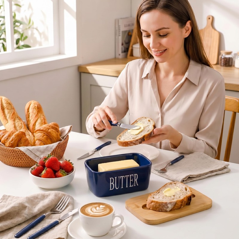 Large Butter Dish with Lid, Porcelain Butter Container with Spreader