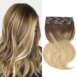 Marat Hair Extensions Clip in Human Hair, Chocolate brown to Dirty Blonde Clip in Hair Extensions 14 inch 120g Straight Clip in Hair Extensions Human Hair