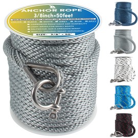 Premium Anchor Rope 50 ft x 3/8 inch, Solid Braid MFP Anchor Line Boat Rope Marine Rope,Boat Anchor Rope with Thimble & Shackle - Grey