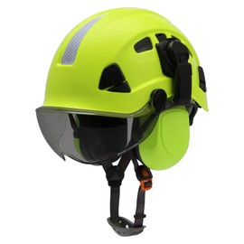 LOHASPRO Safety Helmet Hard Hat with Visor and Ear Muffs Work Helmet 6 Point Suspension ANSI Z89.1 Approved for Tree Chainsaw(Green with Tinted Visor+Earmuffs)