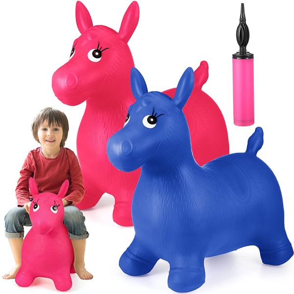 Sotiff 2 Pack Horse Hopper Jumping Animal with Pump Ride on Bouncy Animal Inflatable Space Hopper Jumping Horse for Indoor Outdoor Boys Girls, Red and Blue