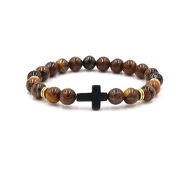 Caiyao 8MM Ornament Lava Volcanic Stone Beads Turquoise Cross Elastic Stretch Bracelet Religion Bangle for Women Men-Tiger Stone