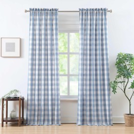 Bapawfish Beige-Dusty Blue Buffalo Check Curtains 95 Inches Length,Farmhouse Semi Sheer Drapes 8 FT for Bedroom Living Room,Buffalo Plaid Window Treatment,Rod Pocket,40" Wx95 Lx2,Beige-Dusty Blue