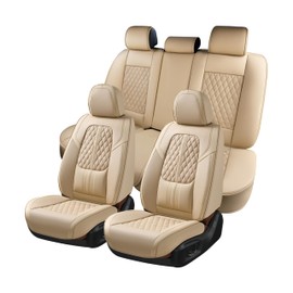 Coverado Car Seat Covers Full Set, Automotive Front and Rear Seat Covers with Backrest, Nappa Leather Car Seat Protectors Waterproof, Universal for Most Vehicles,Beige