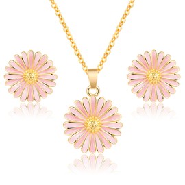 EVEVIC Daisy Flower Necklace Earrings Set for Women 18K Gold Plated Hypoallergenic Jewelry Sets (Pink/Rose Gold-tone)