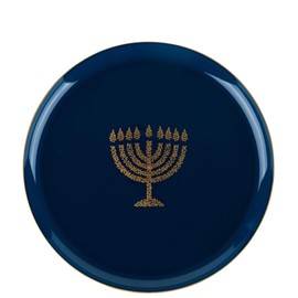 EcoQuality 8.6" inch Round Plastic Plates Blue Hanukkah Salad Plates with Gold Glitter Stamp Chanukah Menorah Design Hanukkah Party Disposable Dessert China Like Heavy Duty Dinner Plate (10 PACK)