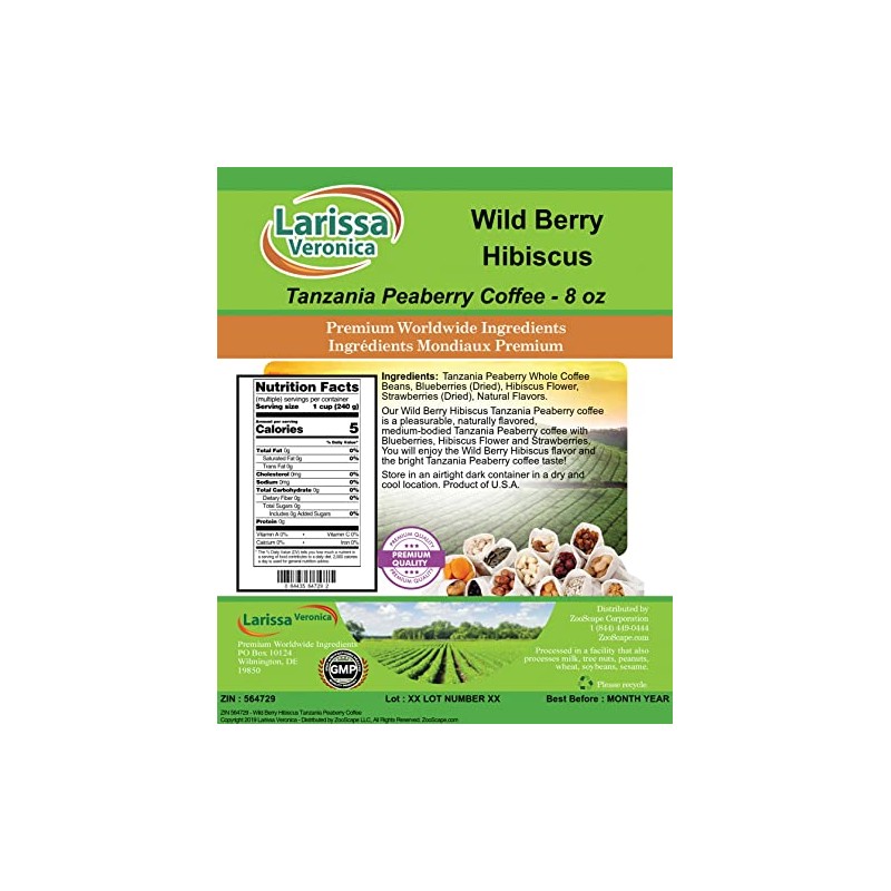 Wild Berry Hibiscus Tanzania Peaberry Coffee (Gourmet, Naturally Flavored, Whole