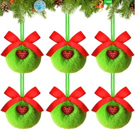 Chewarelly 6 Pack Lime Green Furry Christmas Ball Ornaments with Red Bow