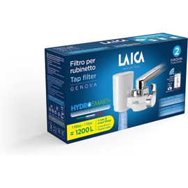 LAICA Genova Water Filter Tap with Hydrosmart System + Metal Stop Filter, Capacity 1200 L, 5 Tap Adapters, Removes Micro Plastics, Chlorine Heavy Metals from the Tap