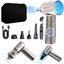 DOWYLIK 2 in 1 Air Duster & Vacuum, 150000RPM Compressed Air Duster with LED, Brushless Motor Electric Air Duster, 15000PA Car Vacuum Cleaner 90° Foldable Air Blower with Carry Case for Home, Carpet