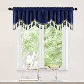ELKCA Double-Sided Chenille Window Curtains Tier for Kitchen,Rod Pocket,Royal Blue Scalloped Valance for Living Room,Pack of 2(Royal Blue, 52" W x 18" L)