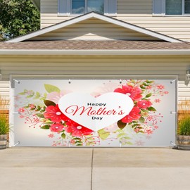 CSFOTO 7x16ft Happy Mother's Day Garage Door Decoration Banner Watercolor Flowers Love Heart Photography Background Festival Outdoor Garage Decoration Mural Wallpaper Mother's Day Party Banner Props