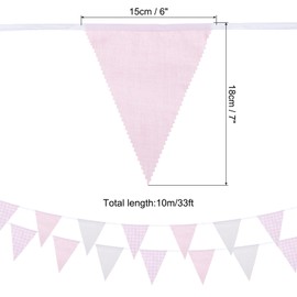 MECCANIXITY 33ft Pink White Plaid Checkered Pennant Banner, 36 PCS Triangle Flags Fabric Bunting Banner for Birthday Wedding Outdoor Garden Decor
