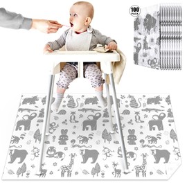 Drydiet 100 Pack 28"x47" Disposable Floor Splat Mats for Under High Chair with Animals Print, Waterproof Plastic Floor Mat Multipurpose Baby Led Weaning Supplies(Forest Animal)