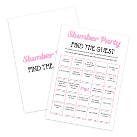 ZEDEV Slumber Party Bingo Games - Find The Guest, Sleepover Party Supplies for Girls, Teen, Adult, Pink Pajama Party Games, Set of 20 Games Cards, Birthday Party Activity Decor -A06