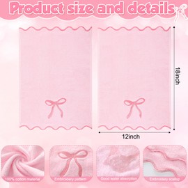 SmoothNovelty 2 Pcs Scalloped Pink Bow Towels 12 x 18 Inch Embroidery Coquette Bow Small Fingertip Hand Towels for Bathroom Decoration 100% Cotton Soft Absorbent Kitchen Decor