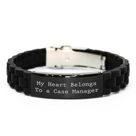 Case Manager's Heart Belongs to You, Funny Quote Glide lock Clasp Birthday Unique Gift for Case Manager from Friends, Adjustable Black Stainless Steel Silicone Silver Clasp