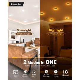 Ensenior 6 Pack 4 Inch LED Recessed Ceiling Light with Night Light, Dimmable, 2700K-5000K 5CCT, 750LM 9W 120V, High Brightness Canless Wafer Downlight - FCC