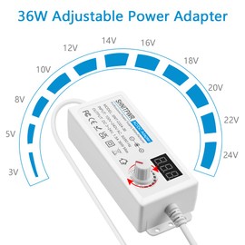 SHNITPWR 36W Universal Power Supply 100-240V AC to DC 3V ~ 24V 1.5A Converter 3V 5V 6V 9V 12V 15V 18V 20V 24V Multi-Voltage Adjustable Power Adapter with 14 Tips & 1 Polarity Converter, White