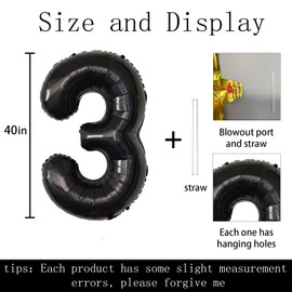 40 inch Big Size Number 3 Foil Helium Balloons Birthday Party Celebration Decoration, Digital Decorations Supplies, Wedding Anniversary Inch Decoration Kids(Black,Number 3)