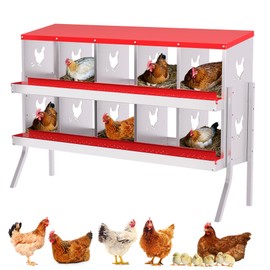 GarveeLife Nesting Boxes for Chickens, 10 Compartment Chicken Nesting Box with Metal Legs, Metal Chicken Laying Boxes with Perch, Secure Lid, Versatile Wall Mount or Free Standing for Hens, Red