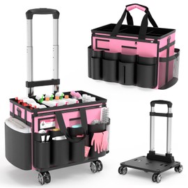 MUNNAR Cleaning Caddy with Wheels - Rolling Cleaning Caddy Bag with Detachable Trolley, Cleaning Caddy for Cleaning Supplies, Cleaning Bag for Housekeeping, Pink