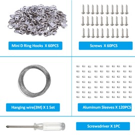 YHYZ D Ring Picture Hangers Sets(60 Sets ), D Ring Hooks + Screws + Hanging Wire + Crimping Loop Sleeves + Screwdriver, for Painting Photo Pictures Clock Artwork Mirrors Cross-Stitch