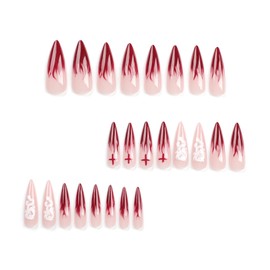 Stiletto Fake Nails Long Press On Nails Red Flame Cross With Dragon Design Acrylic False Nails Full Cover Artificial Nails Glossy Glue On Nails Stick On Nails For Women Manicure Art 24 Pcs