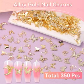 350 Pcs Gold Nail Charms and Gems, 10 Styles 3D Butterfly Nail Art Charms, Small Butterflies Nail Studs, Gold Alloy Nail Jewelry Charms for Nail Art Design DIY Accessories
