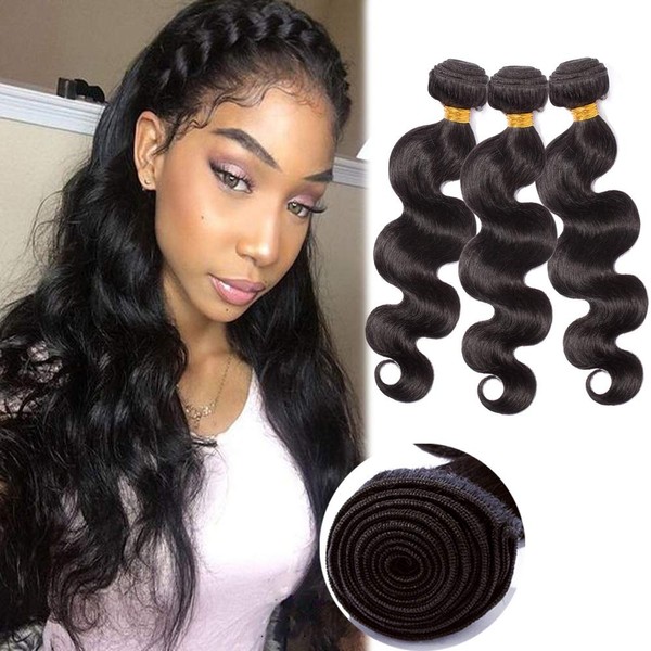 Wavy Hair Weaves Human Hair Sew in Hair 3 Bundles Extensions Weft Body Wave (20 20 20) 100g/bundle Wand Brazilian Virgin Hair #1B Natural Black