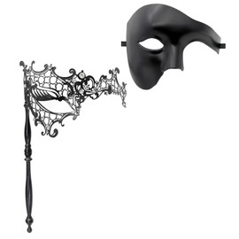 Thmyo Couple Masquerade Masks Set with Holding Stick, Venetian Handheld Party Mask for Women and Men Party Costumes Accessory