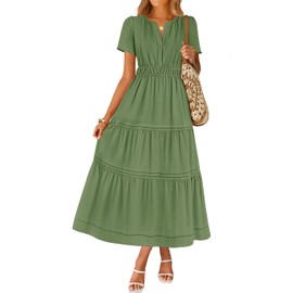 ZESICA Women's Summer Casual Midi Dresses 2025 Short Sleeve V Neck Elastic Waist Elegant Boho Flowy Long Dress with Pocket, Green, Medium