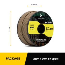 Kamu Synber Paracord 2mm 3 Strands 30M 100% Nylon Rope Type I Parachute Cord for Craft, Outdoor, DIY, Camping | Support 90kg | Mud Brown
