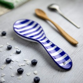 City to Cottage® Navy Blue Striped Handmade Hand Painted Ceramic Kitchen Cooking Spoon Rest | Utensil Holder