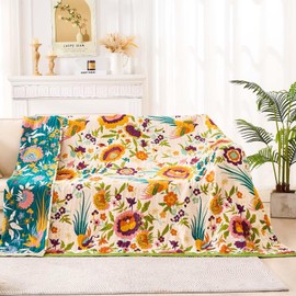 XIBLC - Manta bohemia para cama, 100 % algodón suave y rústico, manta de otoño, 50 x 60 pulgadas, colorida con estampado floral, decoración de granja, colcha rústica reversible para todas las