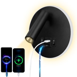 uksunvi LED Reading Lamp Wall Lamp USB Type-C Two Charging Mouth Switch Adjustable 12 W LED Spotlight 3000 K Wall Reading Lamp Aluminium Bed Lamp Rotatable (Round Black)