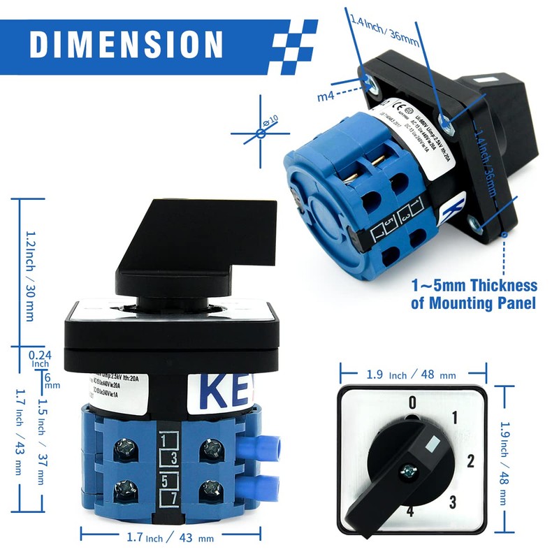 KEYMOO 20A Rotary Changeover Switch, 5 Position 8 Terminals, 4-Way