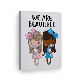 Smile Art Design Cute Blonde and African American Art Girl Friendship Wall Decor Canvas Print Kids Room Decor Wall Art Baby Room Decor Nursery Decor Ready to Hang Made in The USA- 22x15