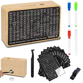 Wooden Money Saving Box with 10 Saving Targets and Marker Clip,Reusable Money Vault Cash Savings Box for 500 1000 2000 3000 5000 10000 Dollars Savings Challenge,Piggy Bank for Adults Kids (Wood)