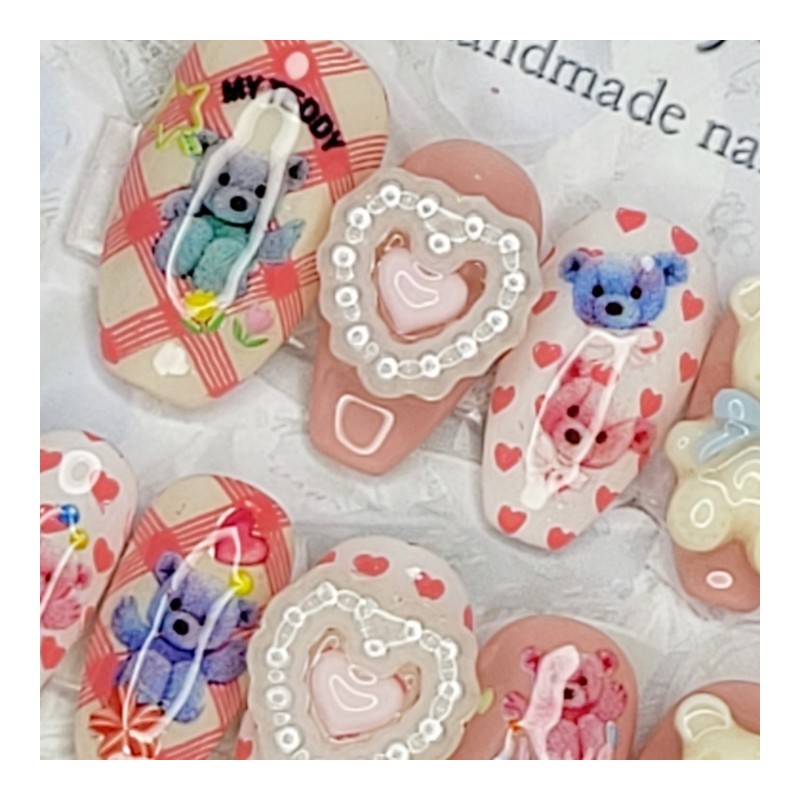 Teddy bear handmade nail tips - Coffin Egg / 테디