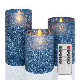 COVEGE Blue Candles Battery Operated for Home Decor, Flickering Flameless Candles with Remote and Timer, Real Wax Electirc LED Pillar Candles Set of 3 for Wedding Table Centerpiece