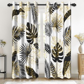 Renaiss 42 x 84 Inch Black Tropical Leaf Blackout Curtains for Bedroom Golden Leaves Grommet Curtain Decorative for Nursery Monstera Banana Palm Leaf Thermal Insulated Drapes Black Liner 2 Panels
