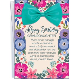 Chuck's Card-O-Rama Birthday Card For Granddaughter - Large Card Opens To 10″ × 7.75″ - Lovely lavender and purple flowers topped off with a gorgeous teal ribbon and bow - MADE in USA D#95366