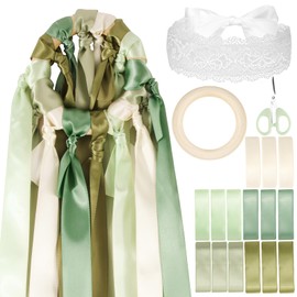 BOFUNX 15pcs Bridal Bouquet Silk Ribbons + Wooden Ring + Lace Blindfold + Scissors, Wedding Bouquet Ribbons Set, Creative Wedding Games for Bride Guests
