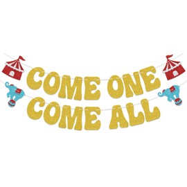 Come One Come All Banner, Funny Circus 1st Birthday Decor Supplies, Happy 1st Birthday Carnival Theme Party Decorations, Carnival Baby Shower Gender Reveal Party Sign Gold Red & Blue Double-Sided